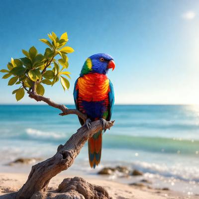 The primary subject of the image is a colorful parrot perched on a tree branch. The setting is a beach, with the ocean visible in the background. The visual style is a photo, capturing the vibrant colors and details of the parrot and its surroundings. The colors and mood of the image are lively and cheerful, with the parrot's vivid colors contrasting against the natural backdrop of the beach.